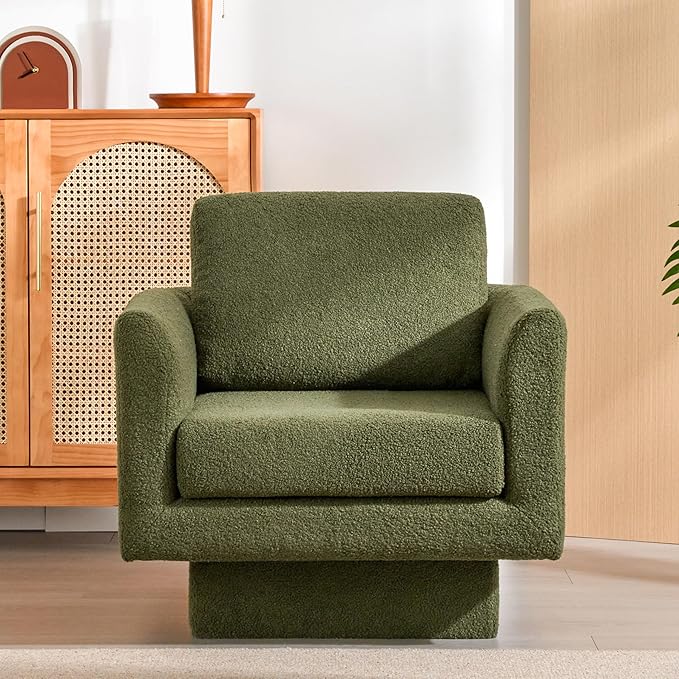 360° Swivel Modern Accent Chair 30 W Teddy Velvet Sherpa Fabric Armchair Thick Padded Upholstered Barrel Chair Comfy Lounge Sofa Reading Club Chair for Living Room Bedroom Nursery (Green)