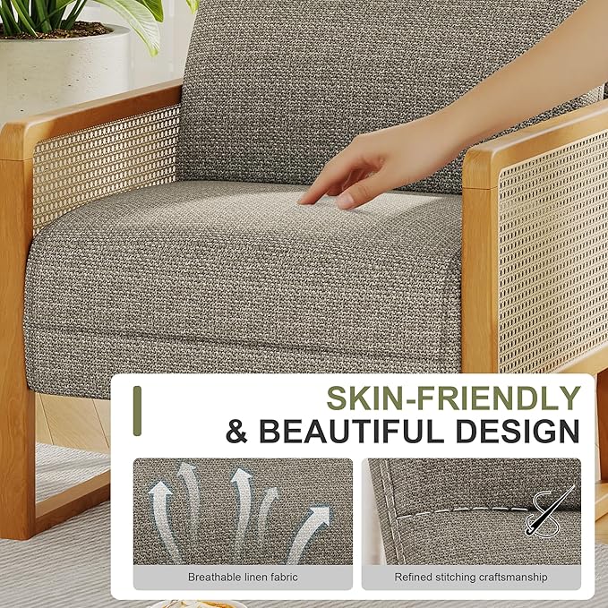 Linen Accent Chair Living Room Chairs with Rattan Arms Armchair with Ash Wood Legs for Reading Brownish Gray