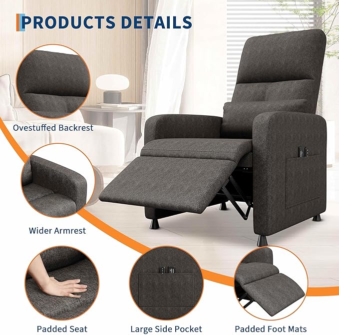GarveeHome Power Recliner Chair Adjustable Electric Recliner Ergonomic Overstuffed Single Sofa Tall Back Padded Seat 2 Side Pockets and USB Port Home Theater Seating for Living Room