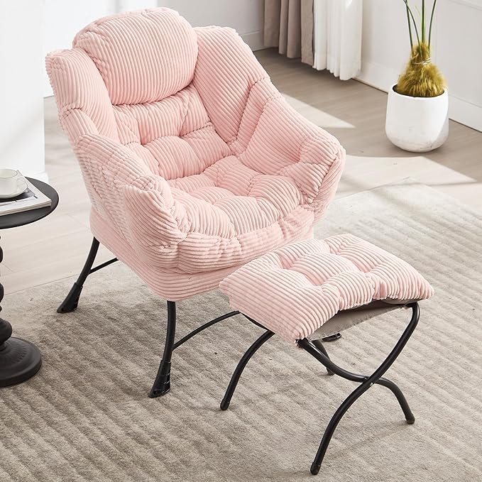 QQU Lazy Chair with Ottoman Corduroy Lounge Armchair Reading Chair with Footrest for Living Room Balcony Study (Pink)