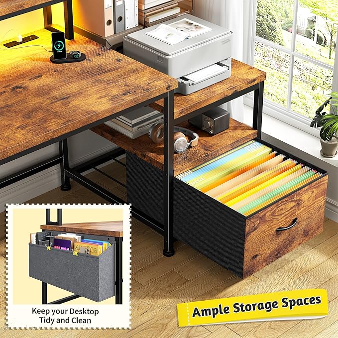 Computer Desk with Monitor StandOffice Desk with LED Lights &ampPower OutletsGaming Desk with Drawers &amp Printer ShelfWriting Table with Side Storage Bag57 W x 20 D x 36 HRustic Brown