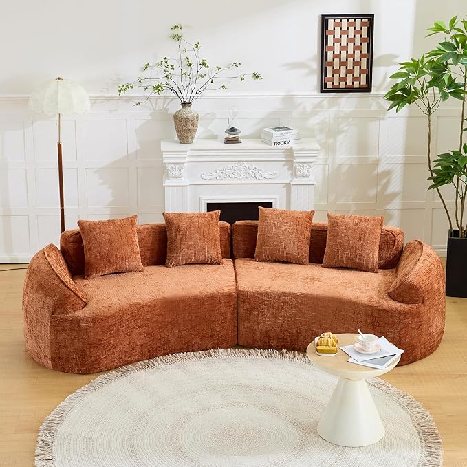 109'' Modern Curved Sectional Sofa Luxury Plush Chenille Upholstered Couch Comfy Cloud Compressed Sofa with 4 Pillows for Living Room Apartment Office No Assembly Needed Orange