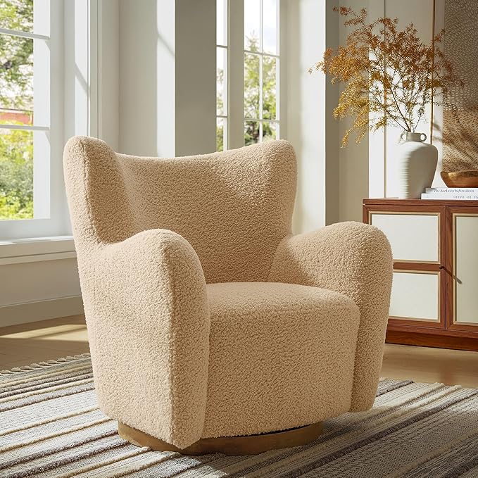 Modway Montrose Swivel Wingback Accent Chair in Ivory Walnut Sherpa Teddy Fabric – Modern Furry Barrel Chair with 360-Degree Swivel Base – Soft and Comfy Living Room Chair