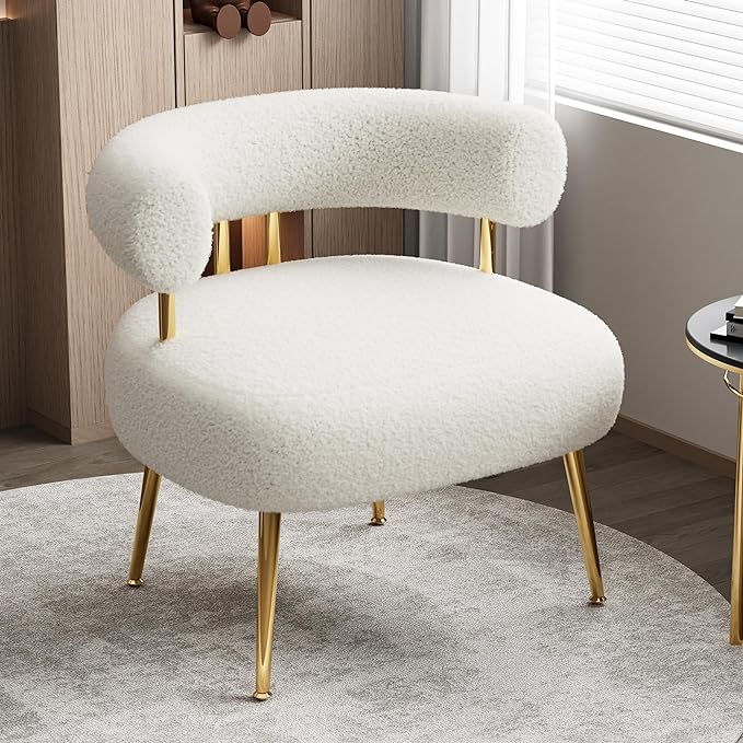 Mid Century Sherpa Boucle Accent Chair Round Upholstered Barrel Arm Chair for Small Spaces Fluffy Side Corner Sofa Chair for Living Room Bedroom Vanity Office Reading Nook(Cream White)