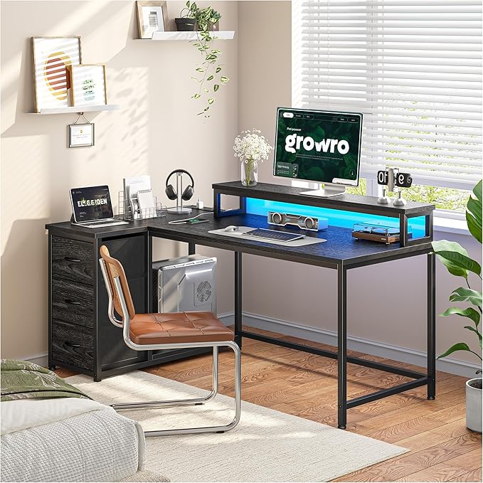 EnHomee L Shaped Gaming Desk with LED Lights &amp Power Outlet 48Inch Reversible Office Desk with Monitor Stand Corner Computer Desk with 3 Drawers for GamingStudy RoomHome OfficeBedroomBlack