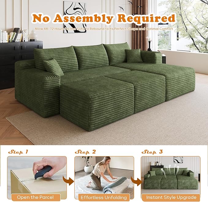 94 U-Shaped Cloud Sectional Couch Comfy Corduroy Boneless Couches with Deep Seat Fluffy Modular Sectional Sofa for Living Room No Assembly (Green 94 2S+Right Facing Chaise+2 Ottoman)