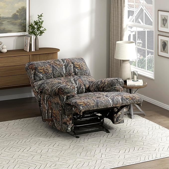 Lexicon Glider Recliner Chair with Lever Handle Textured Microfiber Manual Recliner Plush Stitching Cushion Pillow Top Arms Rustic Armchair for Cabin/Living Room Easy Assembly Camouflage