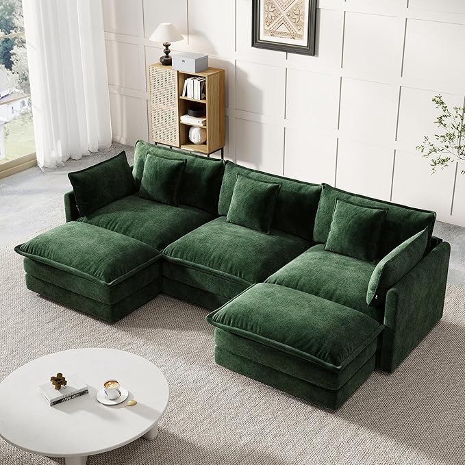 Modular Sectional Sofa 111.5 Inch U-Shaped Cloud Sofa with Deep Seat Chenille Sofa with Cushions Three-Self Sectional Sofa for Living Room ApartmentEvergreen