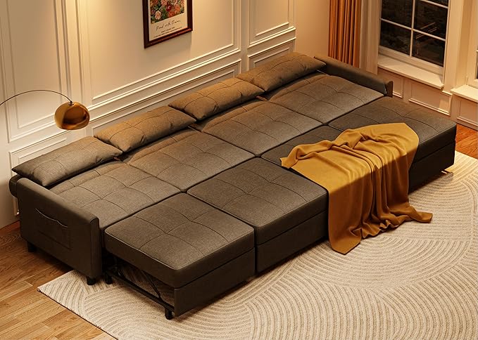 Aiho Pull Out Couch Convertible Sofa Bed with Adjustable Backrest 5 Seater Sectional Sleeper Sofa Couch Bed with Spring Support for Apartment Living Room Dark Grey