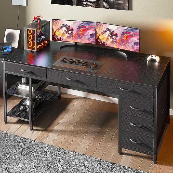 Huuger Computer Desk with 6 Drawers 63 Inch Office Desk with Shelves Reversible Gaming Desk Corner Desk with Storage for Home Office Study Living Room Black