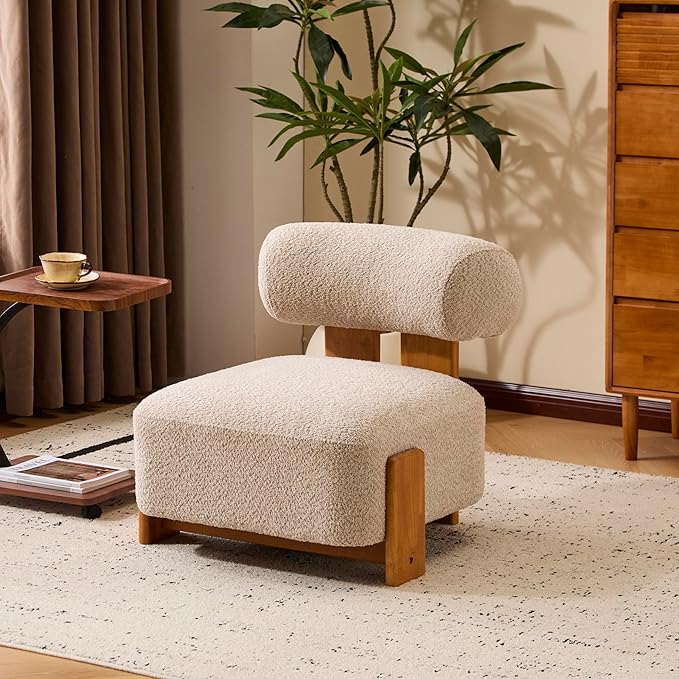 Modern Sherpa Accent Chair Upholstered Armless Slipper Chair Cute Furry Chairs with Curved Backrest and Solid Wooden Legs Side Chairs for Living Room Bedroom Reading Room (Boucle Almond)