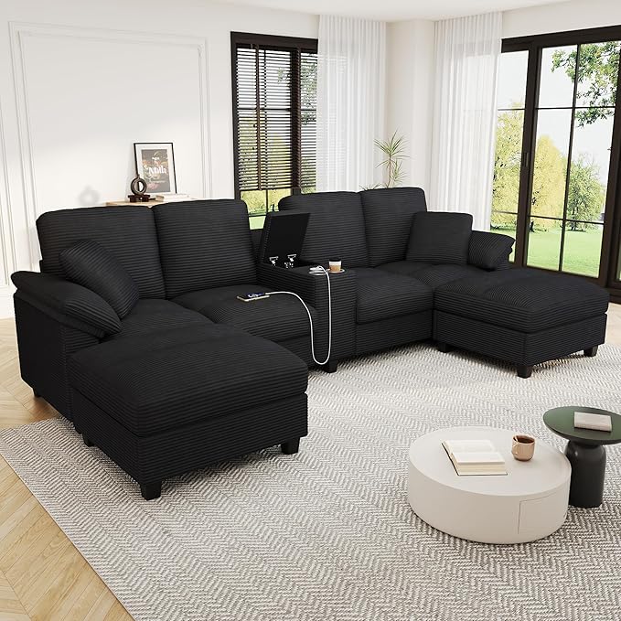 Modern U-Shaped Sofa 116.9 Sectional Sofa Corduroy Upholstered Sofa Couch with Storage Ottomans Cup Holders and USB Ports for Living Room (Black-X70)