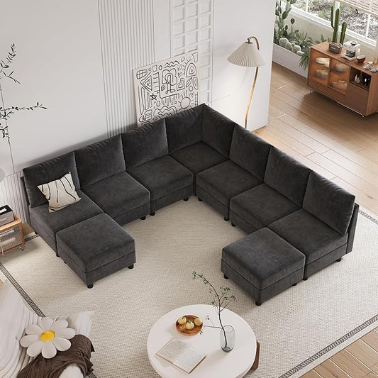 Apicizon Modular Sectional Couch 9 Seats U Shaped Couch with Storage Modern Chenille Sofa Set Comfy Couches with Chaise for Living Room OfficeDark Grey | Storage Modular Sectional