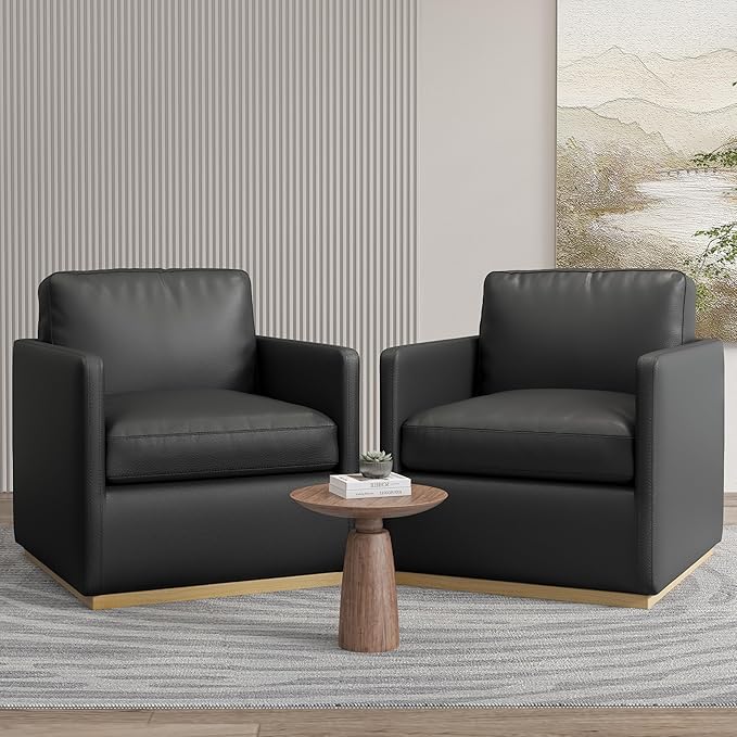 Swivel Barrel Chair Premium Comfy Round Accent Chair for Living Room Mid Century Modern Reading Chair for Adults Armchair for Small Spaces Bedroom Side Chairs for Home/Office/Leather Black