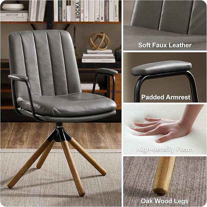 Art Leon Mid Century Modern Chair Oak Legs Swivel Accent Chair No Wheels Faux Leather Armchair for Small Spaces Home Office Living Room Bedroom Gray