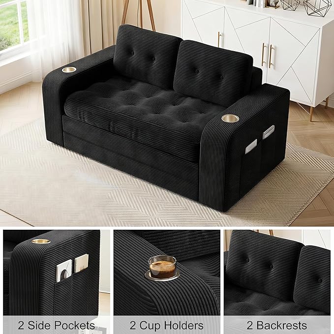 55 Futon Sofa Bed 4‑in‑1 Convertible Sofa Bed Folding Boneless Couches for Living Room Fold Out Small Foldable Loveseat Floor Sleeper Comfy Mattress Lounge Space‑Saving Black
