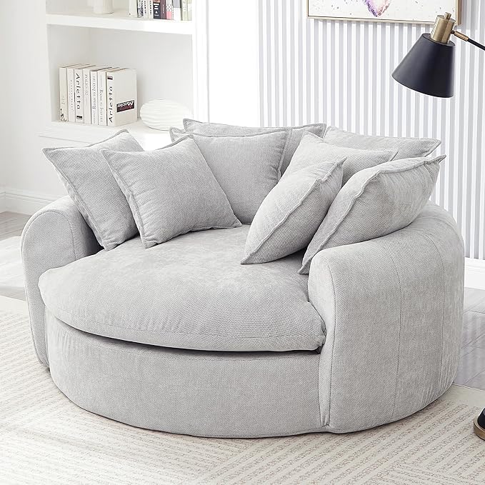 Merax 59.8 Full-Compressed Round Chaise Sofa Boneless Loaf Style Chenille Upholstered Sofa Bed with 8 Throw Pillows for Living Room Light Grey