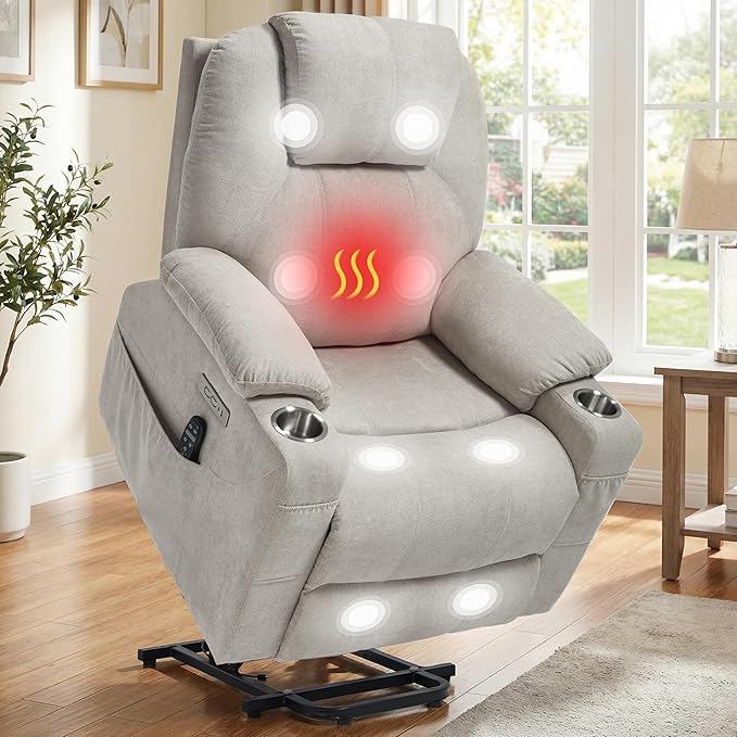 Power Lift Chair with Massage &amp Heat Electric Recliner Chairs for Adults Remote Control Sofa for Living Room Standing Assistance USB Ports Stainless Steel Cup Holders (Chenille Beige)
