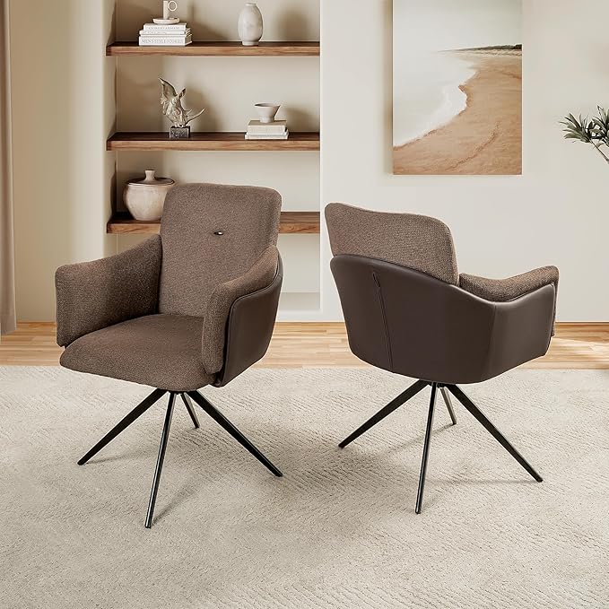 KEIKI 360° Swivel Home Office Desk Chairs Set of 2Modern Dining Chairs with Arm Upholstered Bedroom Chairs with Metal BaseMakeup Chair for Vanity Living Room Bedroom Dark Brown