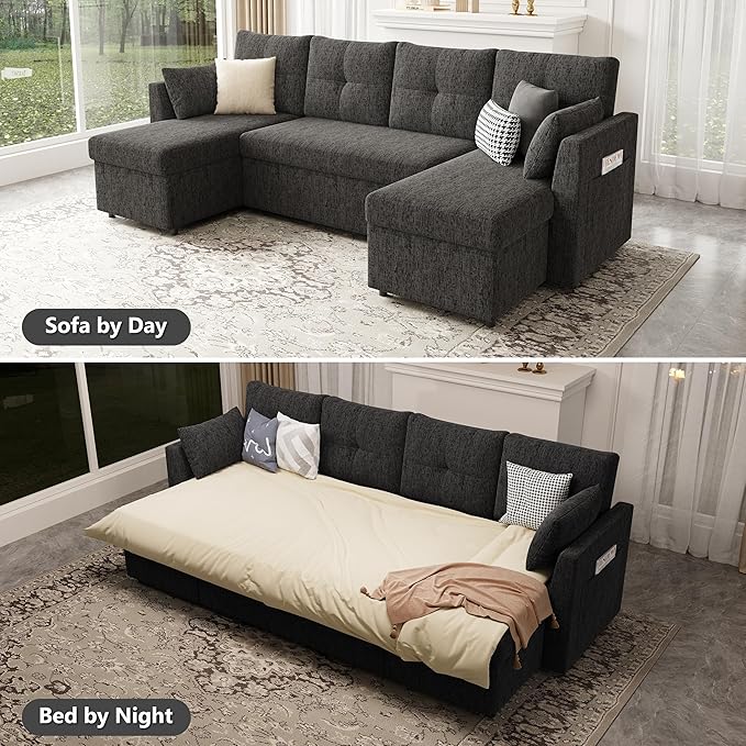 Oversized Sleeper Sofa Couch 110 inch 2 in 1 Pullout Couch Bed with Side Pockets for Living Room Sectional Sleeper Sofa Bed with Double Storage Chaise Black
