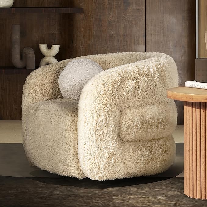 LIFE SKY Furry Armchair with Pillow &amp Blanket: Nordic Style Soft Fabric Wood Frame Reading Chair - Cozy Accent Seating for Book Lovers Home Library &amp Living Room