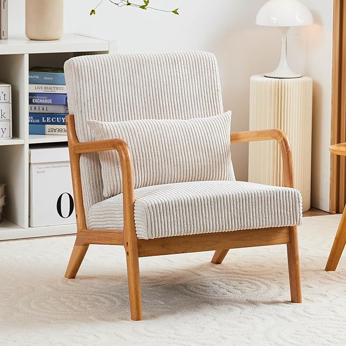 KEIKI Accent Reading Chair-25” W Mid Century Modern Armchair Upholstered Deep Seating with Pillow &amp Solid Wood Frame Living Room Soft Cushion Arm Chairs for Bedroom Balcony Beige