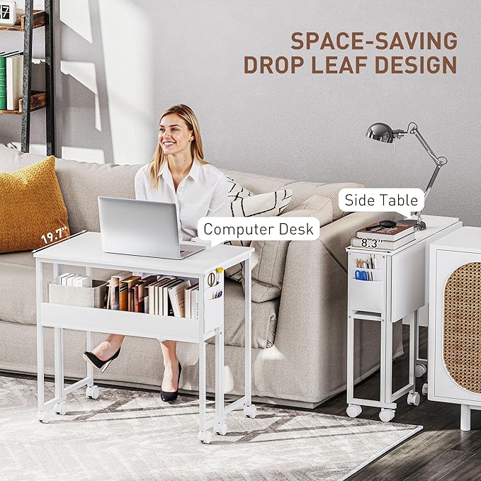 HOMCOM Small Folding Desk Rolling Computer Desk Foldable with Storage Bag and Shelf 31.5 Portable Writing Table on Wheels for Small Spaces Home Office Study Easy Assembly White