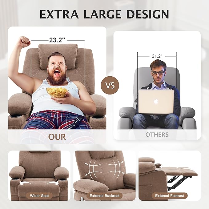Oversized Swivel Rocker Recliner Chair with Heat and Massage Large Big Recliner Chair for Living Room 360 Degree Swivel Rocking Single Sofa with Cup Holders and USB Port(Fabric Brown)