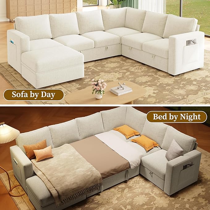 106.7 Sectional Sleeper Sofa with Pull Out Couch Modern 7 Seat U Shaped Modular Couch Sectionals Modular Sofa with Storage Comfy Sectional Couches for Living Room &amp Apartment Light Beige