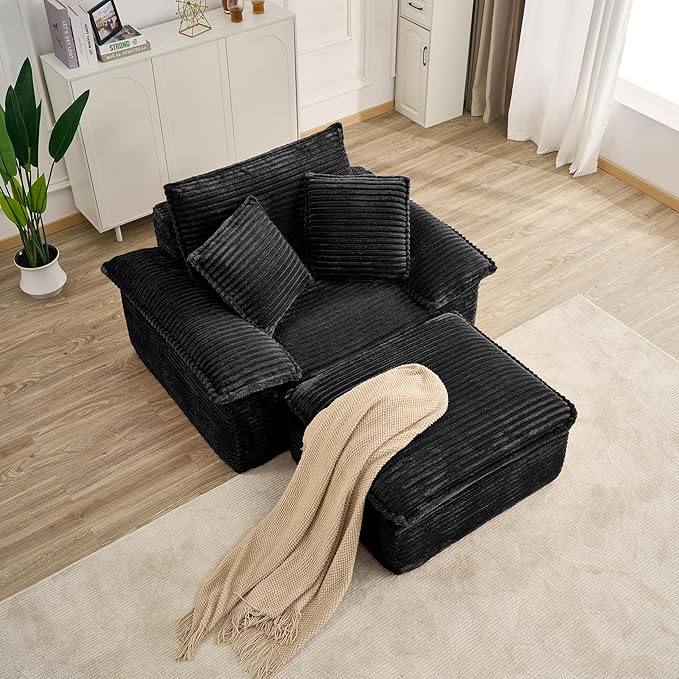 Boneless Sofa with Removable OttomanUpholstered Sofa Bed with PillowsPlush Faux Fur Lounge Reading Chairs with ArmrestsCloud Couches for Living RoomNo Assembly Required (Black Single seat) | No A