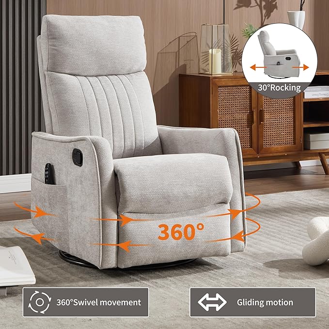360°Rotating Heated Massage Chair with 8 Vibrating nodesComfortable Rocking Chaise Lounge with Black Metal Base Single Sofa for Living RoomBedroomOfficeLight Gray Chenille