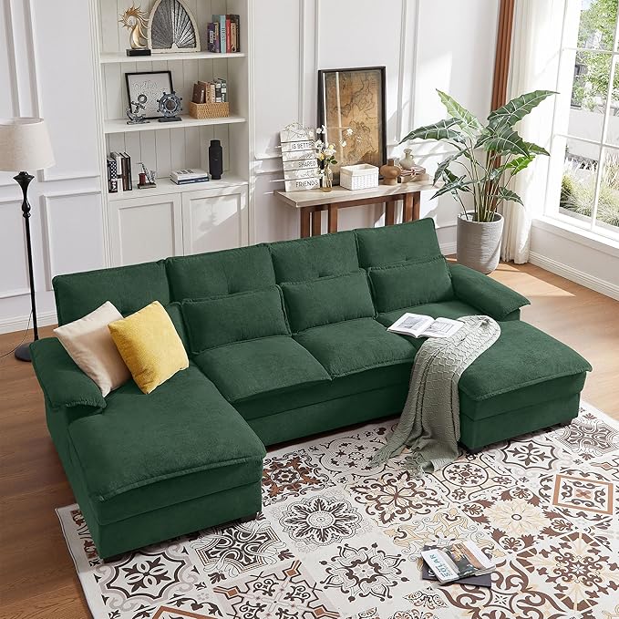110 Comfy Cloud Couch Sectional Sofa with Lumbar Pillows Modern U-Shaped Cloud Sofa with Double Chaise &amp Deep Seat for Living Room or Office Easy Assembly Dark Green