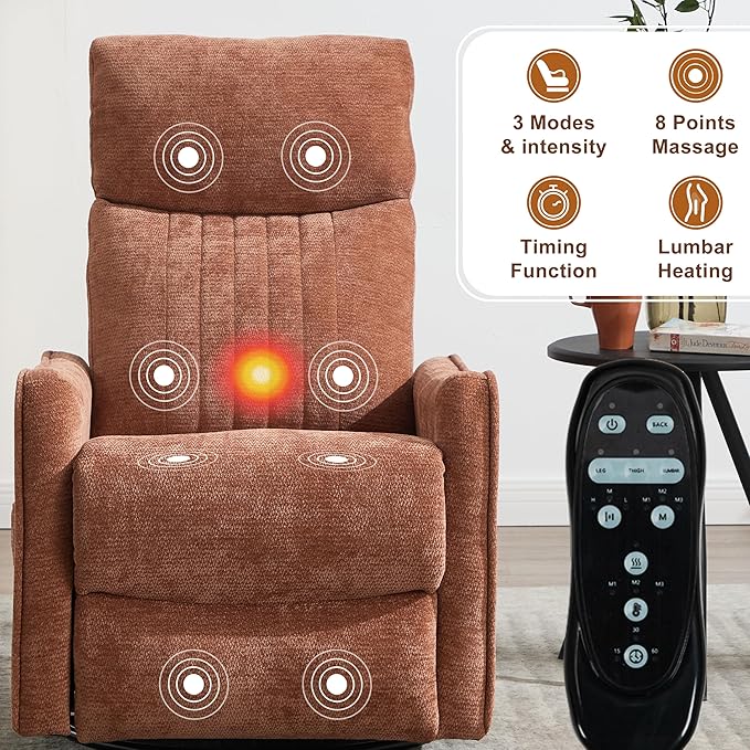 Manual Swivel Rocker Recliner Chair for Adults Overstuffed Nursery Glider Recliner with Vibration Massage and Lumbar Heat Living Room Reclining Chair Fabric Orange