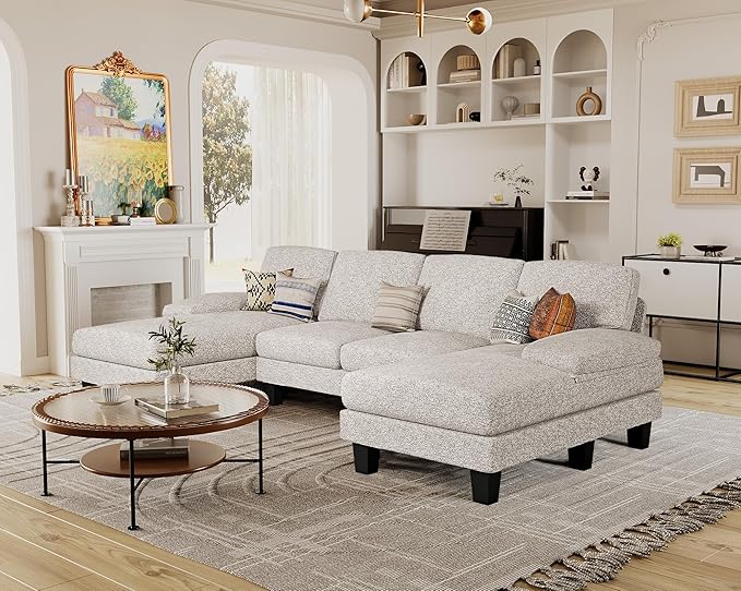 Furmax Sectional Couches for Living Room U-Shaped Sofa Couch with Linen Fabric 4 Seat Sofa Set with Double Chaise for Apartment (Loop Yarn Pearl Gray)