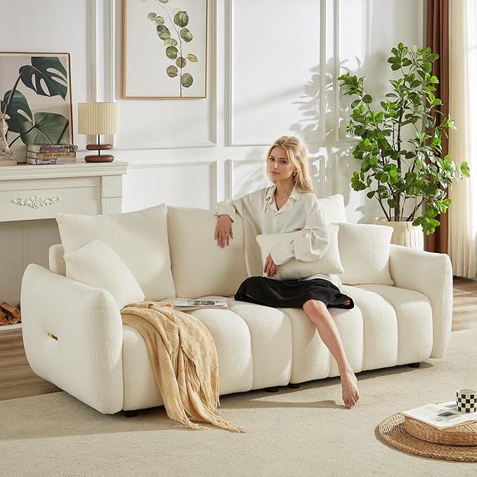 Teddy Cloud Sofa Couch Comfy Upholstered Sherpa Deep Seat Boucle Sofa Cozy Modern 3 Seater Couch with 3 Pillows Oversized Loveseat for Living Room Apartment Office Beige White
