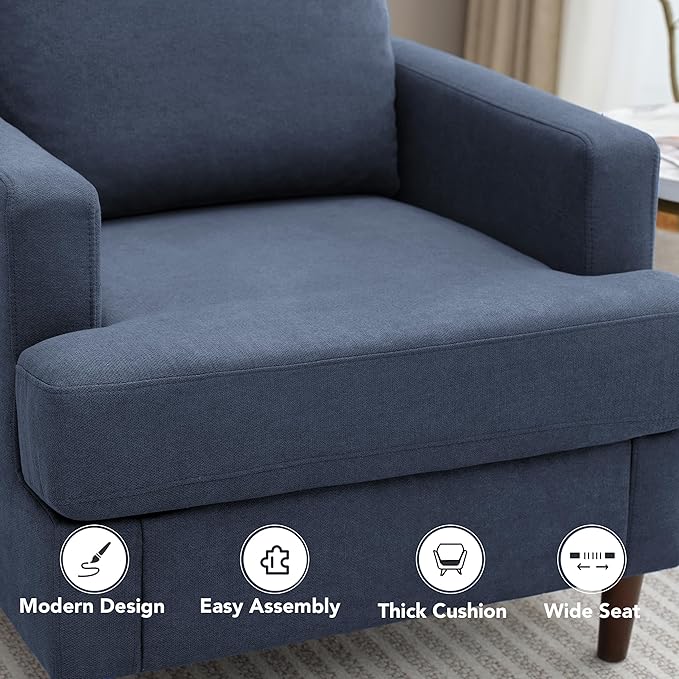 Mid-Century Accent Chair Comfy Upholstered Reading Accent Chairs for Bedroom Modern Linen Fabric Armchair for Living Room Single Sofa Chair with Wood Legs (Blue Grey 2 Pack)