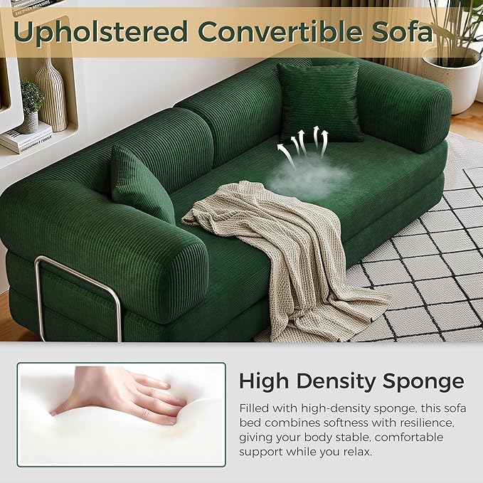 78.5'' Convertible Folding Sofa Bed – 4-in-1 Modular Floor Couch Corduroy Small Cloud Couch Compressed Foldable Sleeper Sofa King Size Futon for Bedroom Guest Room (Green (Dark))