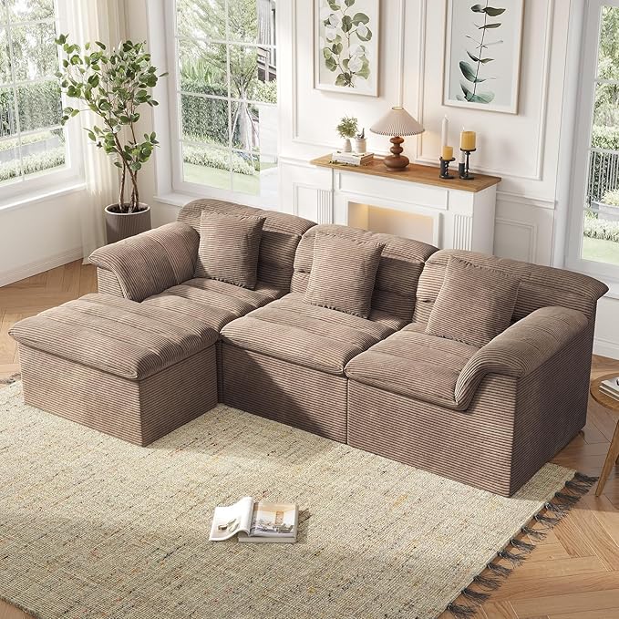 112 Modular Cloud Sectional Couch with Ottoman Modern Upholstered Compressed Sofa with Deep Seat Comfy L-Shape Corduroy Couches for Living Room No Assembly Required Camel