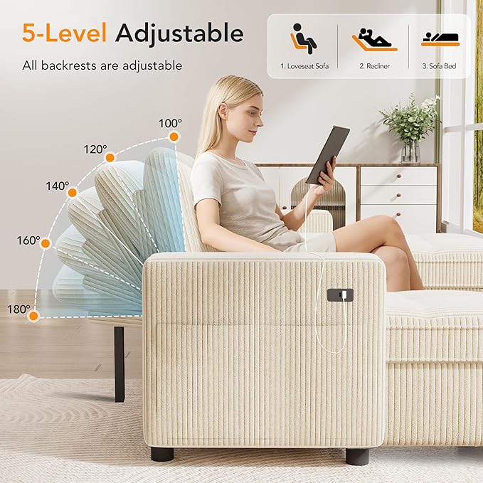 Vipbear Sectional Sleeper Couch with Pull Out Sofa Bed U Shaped Plush Corduroy Couch with Reclining Backrest &amp 2 Storages &amp USB Charging Convertible Cloud Sectional Sofa Bed for Living Room