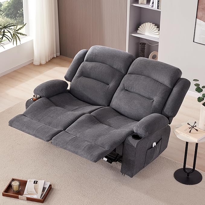 Oversized Recliner Sofa with Heat and Massage Big Large 2-Seater RV Recliner Couch Sofa for Living Room Wall-Hugger Reclining Sofa with Cup Holders and USB Port(Fabric Grey)