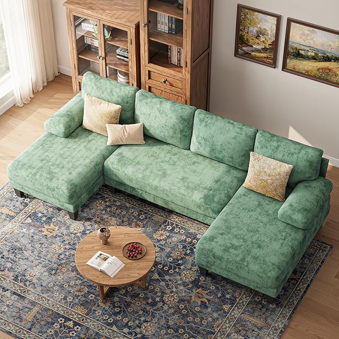 Sectional Couches for Living Room | 112 Inch U-Shaped Sectional Couch | 4 Seat Sofa Set with Double Chaise for Apartment | Green Chenille