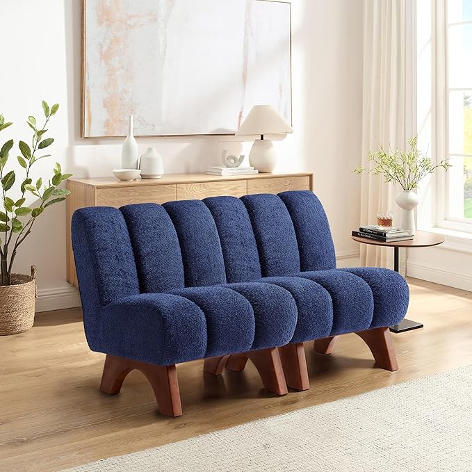 Art Leon Modern Accent Chairs Sherpa Fabric Modular Single Sofa Chairs Armless Chairs with Wooden Legs for Living Room Bedroom Set of 2 Blue