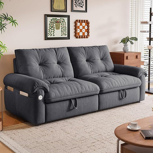 77 Queen Size Sofa Bed Loveseat Sleeper Sofa with Pull Out Bed Pockets and USB Velvet Fabric 2 Seater Convertible Small Couch for Living Room Bedroom Apartment Grey