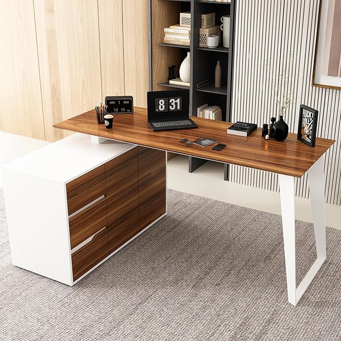 Homsee Home Office Computer Desk Corner Desk with 3 Drawers 2 Shelves &amp 2 Doors 55 Inch Large L-Shaped Study Writing Table with Storage Cabinet White &amp Brown (54.3”L x 40.9”W x 29.1”H)