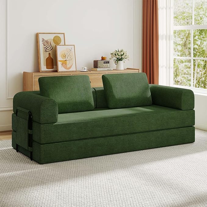 Convertible Sleeper Sofa Bed 3-Seat Corduroy Futon Couch with Cylindrical Pillow Foldable Mattress for Living Room &amp Bedroom 79 Inch Multi-Functional Sofa (Jade)