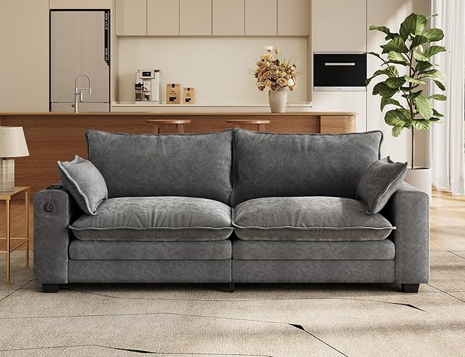 80 Cloud Sofa Loveseat for Living Room 2-Seats Couches with Wide Armrest Storage Charging Station Led Lights Modern Chenille Fabric Sofa for Small Space Grey