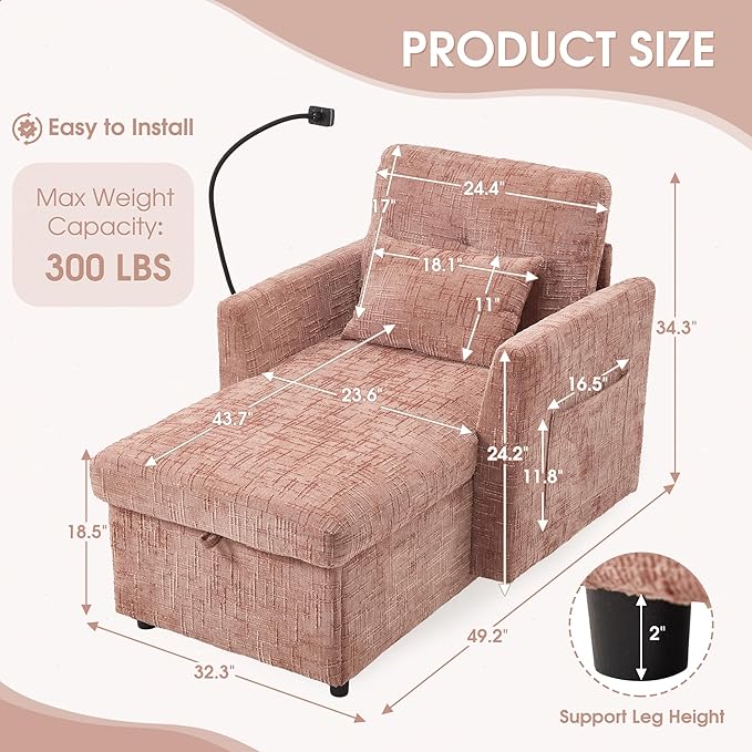 HOMEFUN Sleeper Chair Bed Lazy-Friendly Indoor Chaise Lounge with Storage Cell Phone Bracket Multifunctional Sofa for Bedroom Living Room Small Space Adults