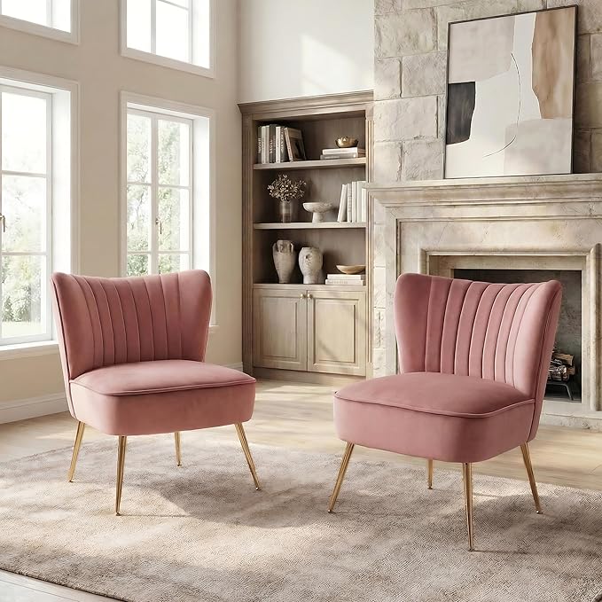 DUOMAY Modern Accent Chair Set of 2 Velvet Slipper Chair with Gold Legs Wingback Side Chair for Living Room Bedroom Entryway Small Corner Chair for Space Saving Blush Pink