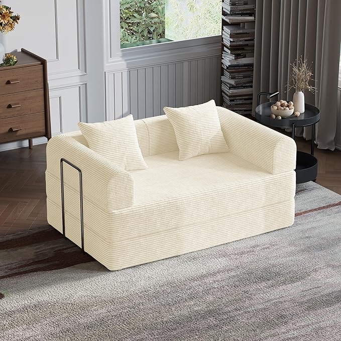 HouseMila 53.15 Convertible Sofa Bed4-in-1 Futon Sofa Bed Modular Loveseat Sleeper Folding Pull Out Couch with Pillows No Assembly Required Boneless Couch for Living Room Bedroom Guest RoomBeige