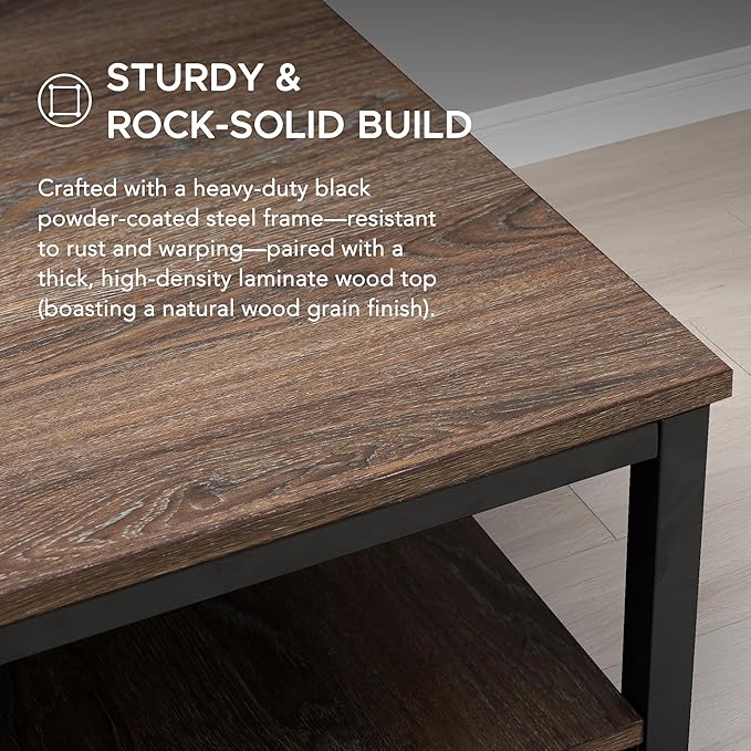47 Modern Computer Desk Industrial Design Workstation with Wood Table Top Black Steel Frame and Shelves for Home Office Brown